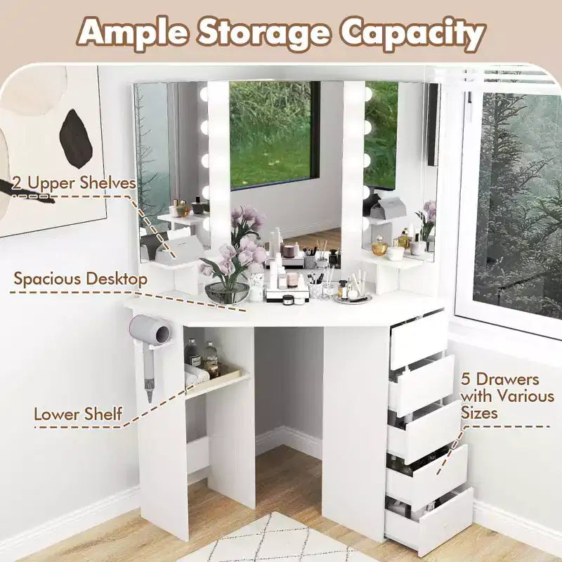 Coiffeuse d'angle, meuble-lavabo avec miroir LED et prises de courant noir/blanc
