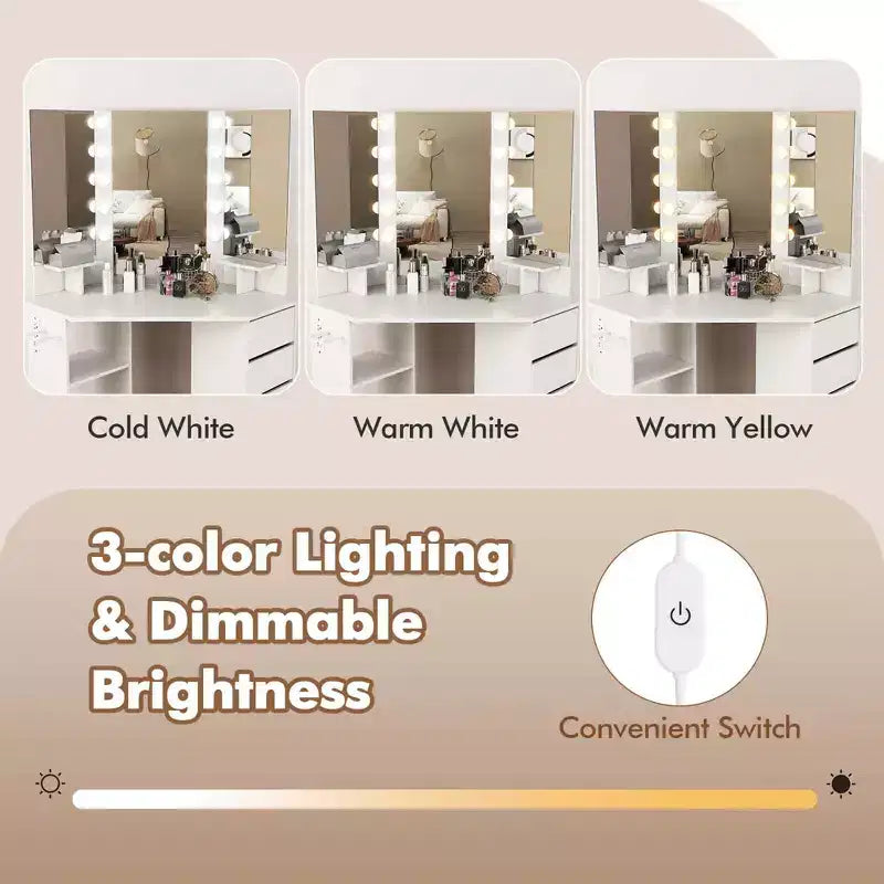Coiffeuse d'angle, meuble-lavabo avec miroir LED et prises de courant noir/blanc