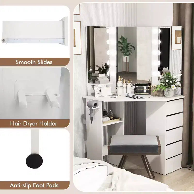 Coiffeuse d'angle, meuble-lavabo avec miroir LED et prises de courant noir/blanc