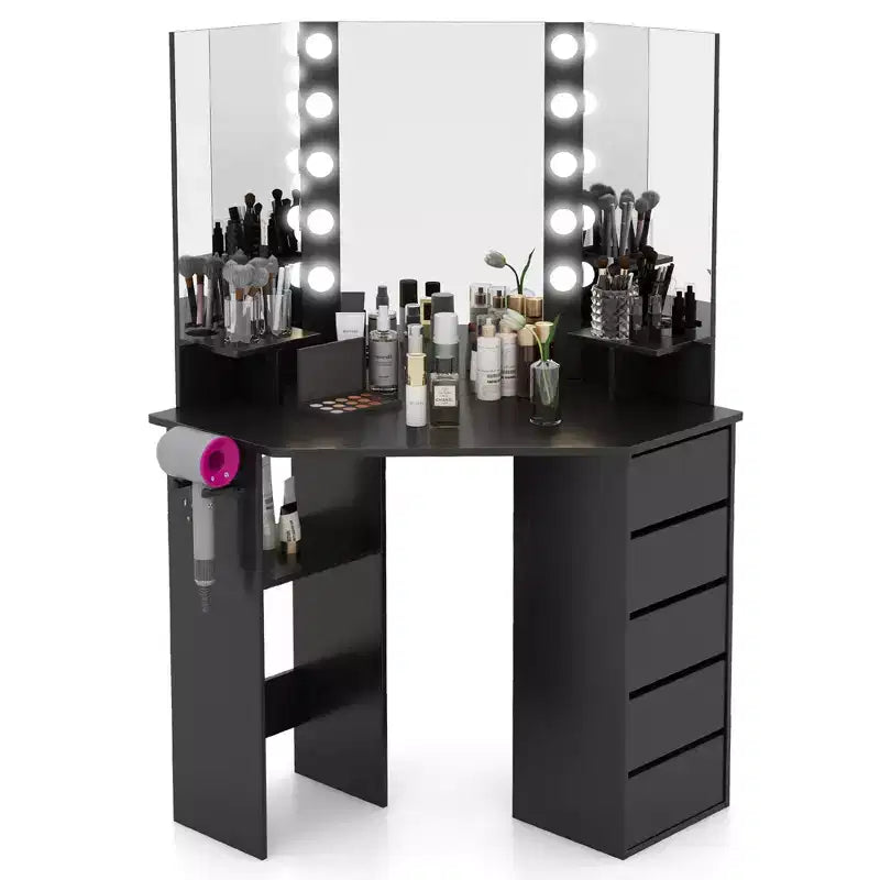 Coiffeuse d'angle, meuble-lavabo avec miroir LED et prises de courant noir/blanc