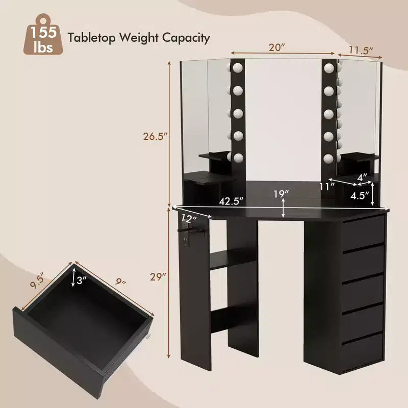 Coiffeuse d'angle, meuble-lavabo avec miroir LED et prises de courant noir/blanc