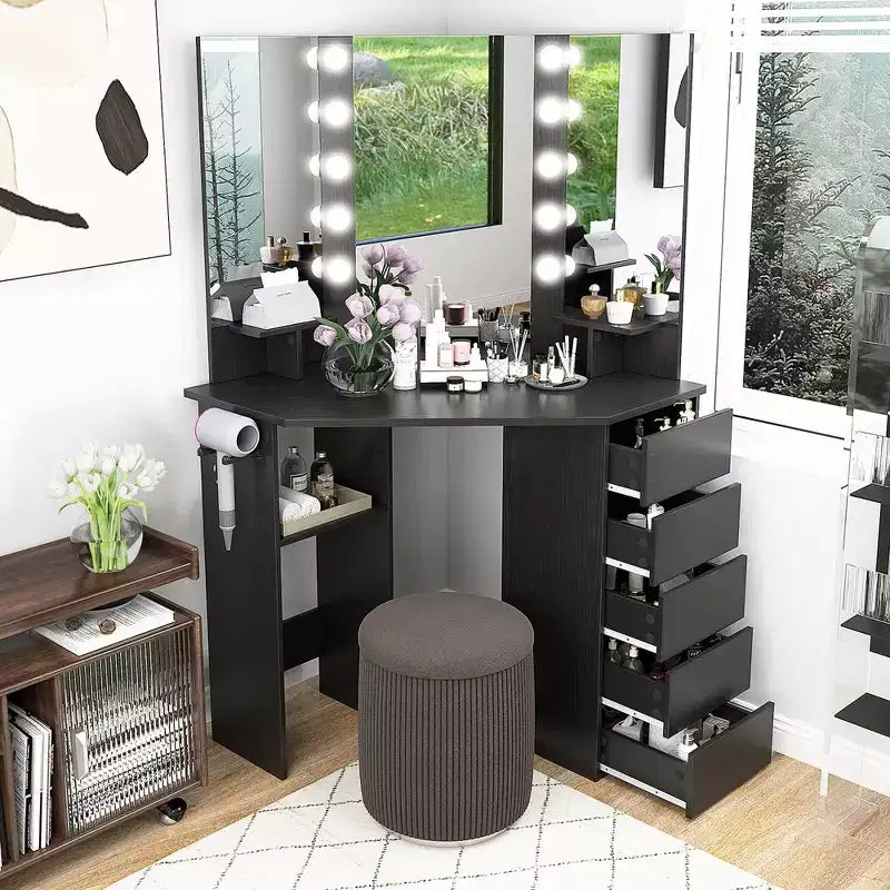 Coiffeuse d'angle, meuble-lavabo avec miroir LED et prises de courant noir/blanc