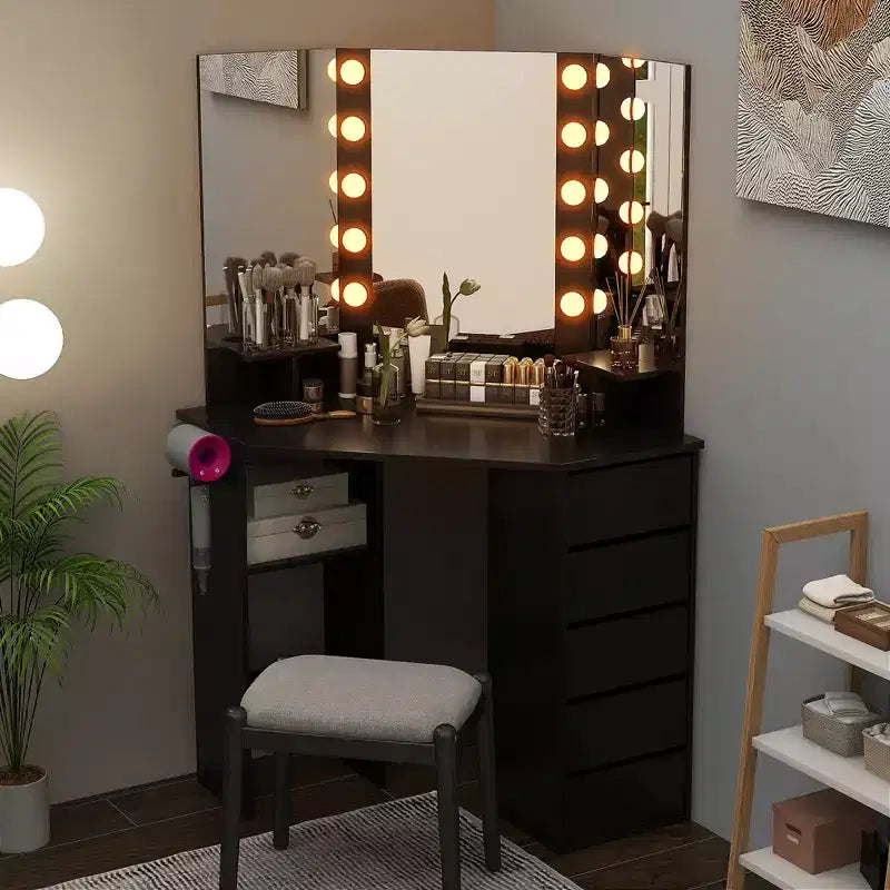 Coiffeuse d'angle, meuble-lavabo avec miroir LED et prises de courant noir/blanc