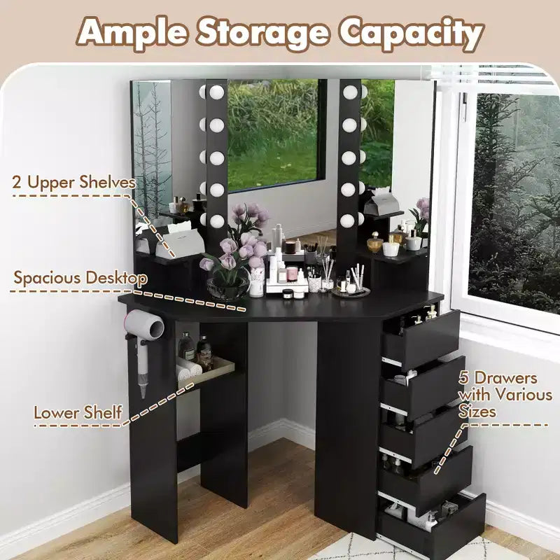 Coiffeuse d'angle, meuble-lavabo avec miroir LED et prises de courant noir/blanc