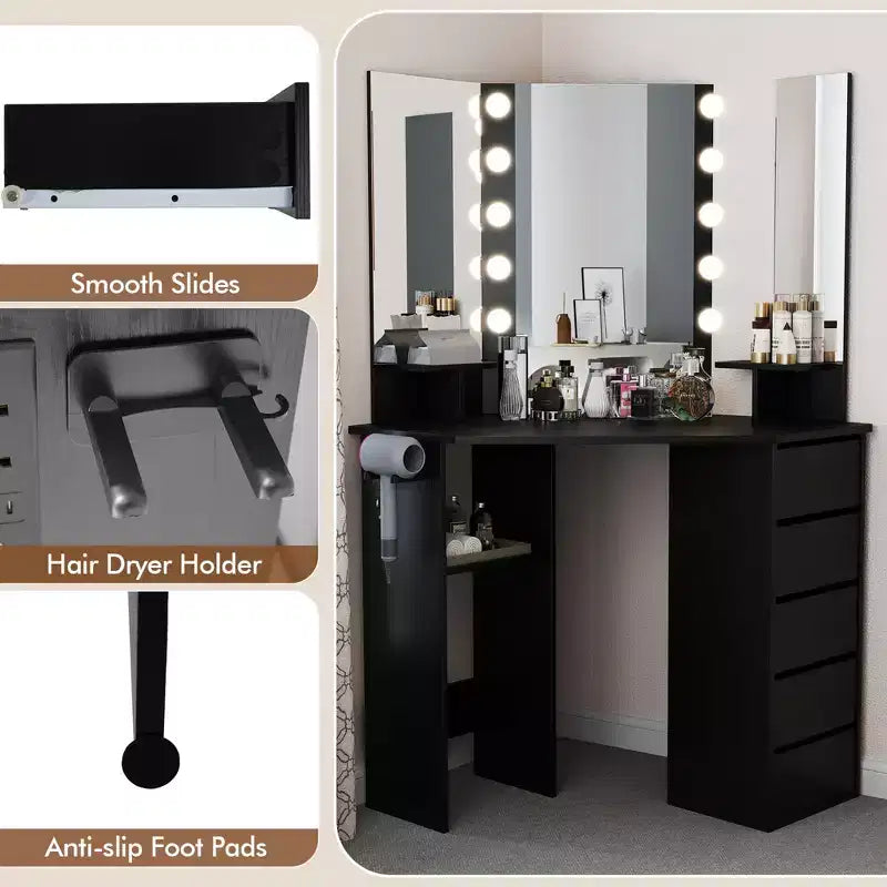 Coiffeuse d'angle, meuble-lavabo avec miroir LED et prises de courant noir/blanc