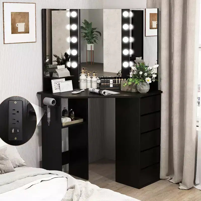 Costway Corner Vanity Desk Cosmetic Vanity Station with LED Mirror,& Power Outlets Black/White