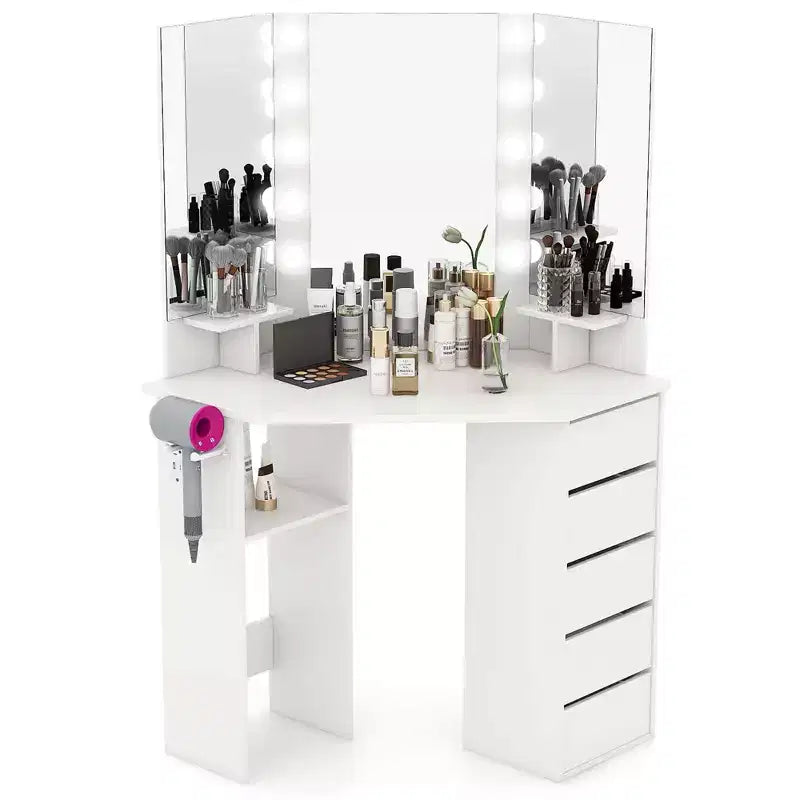 Coiffeuse d'angle, meuble-lavabo avec miroir LED et prises de courant noir/blanc