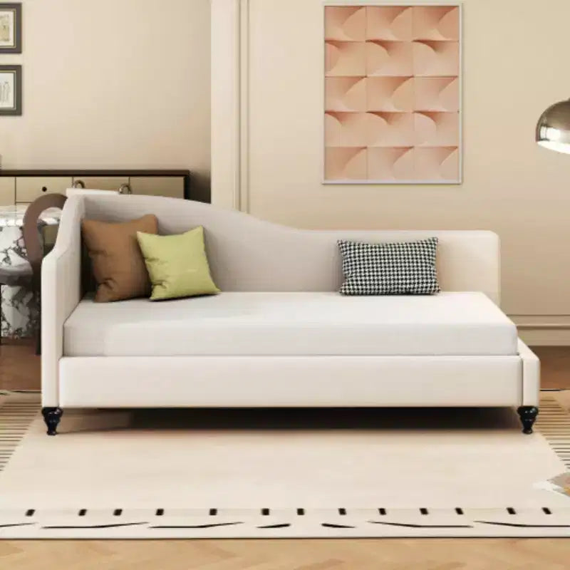 Lit de repos d'angle en lin, taille double, avec pieds en bois massif