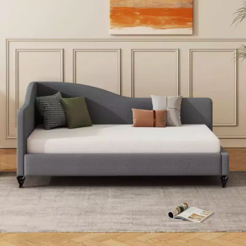 Lit de repos d'angle en lin, taille double, avec pieds en bois massif