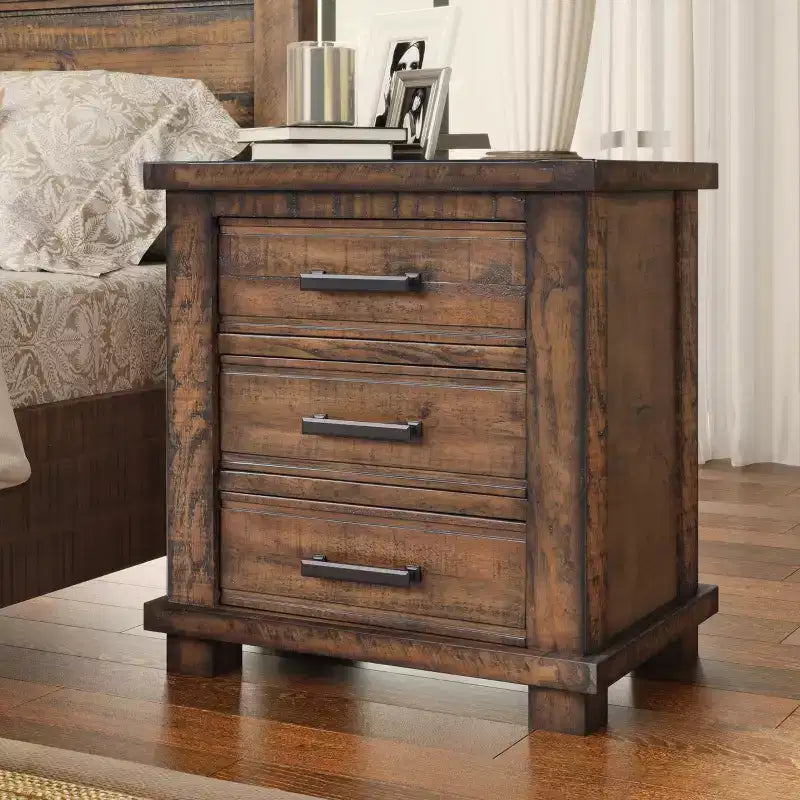 Table de chevet de ferme 24W, table d'appoint, meuble de rangement, table de chevet avec 3 tiroirs et cadre en bois de pin recyclé, naturel