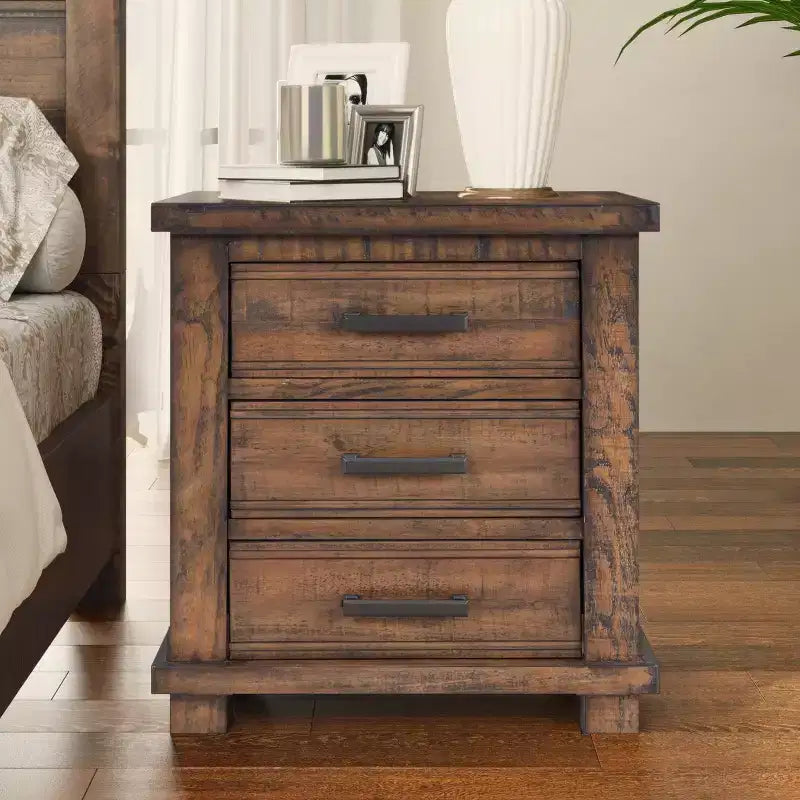 Table de chevet de ferme 24W, table d'appoint, meuble de rangement, table de chevet avec 3 tiroirs et cadre en bois de pin recyclé, naturel