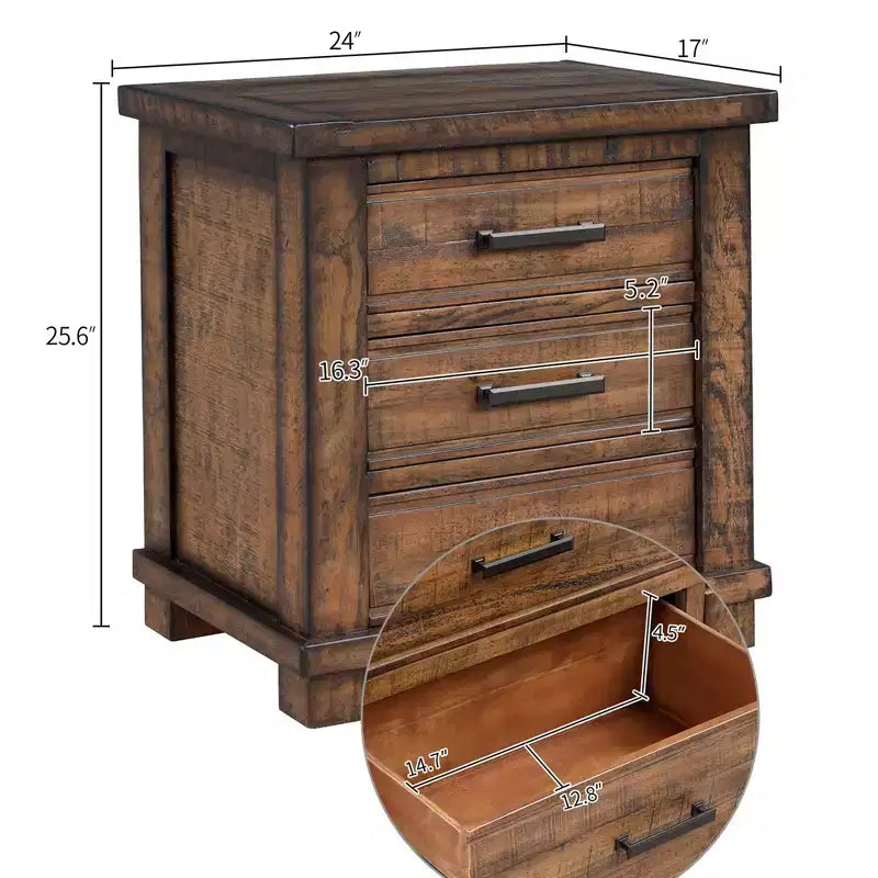Table de chevet de ferme 24W, table d'appoint, meuble de rangement, table de chevet avec 3 tiroirs et cadre en bois de pin recyclé, naturel