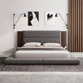 Queen/King Size Floor Upholstered Platform Bed Frame with Upholstered Headboard and Bedside Table, No Box Spring Needed, Grey-ModernLuxe