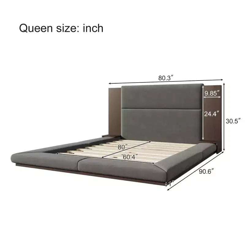 Lit rembourré plateforme avec tête de lit capitonnée et table de chevet, pour matelas Queen/King Size, aucun sommier tapissier requis, gris