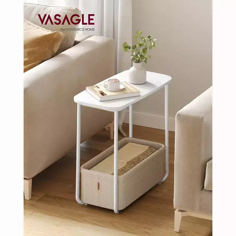 Table de chevet moderne avec panier en tissu Petite table de chevet, bout de canapé, table d'appoint rectangulaire pour salon, chambre à coucher Blanc mat et marron camel