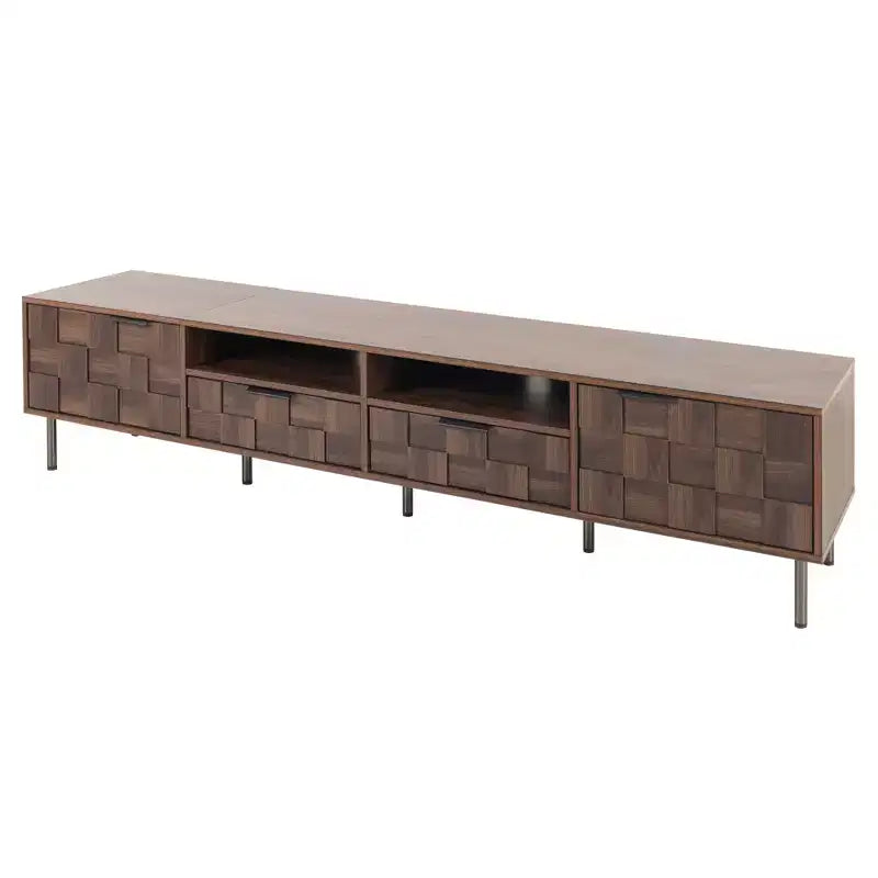 Meuble TV Mid-century avec 2 tiroirs, Table console multimédia pour TV jusqu'à 85 pouces, Meuble de rangement avec 2 armoires, Marron foncé - HABITRIO