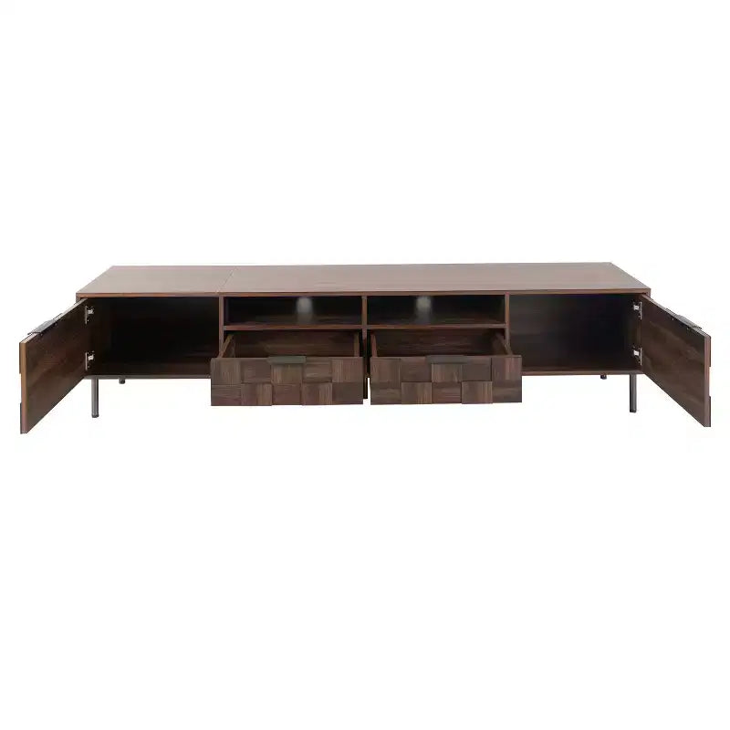 Meuble TV Mid-century avec 2 tiroirs, Table console multimédia pour TV jusqu'à 85 pouces, Meuble de rangement avec 2 armoires, Marron foncé - HABITRIO