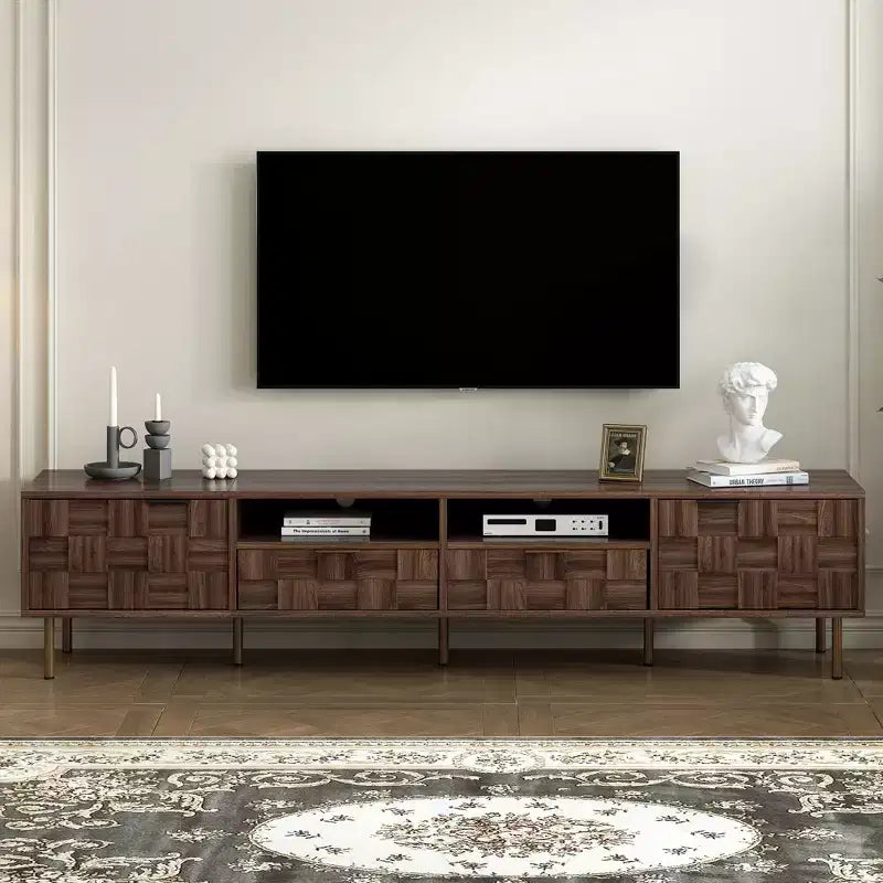 Meuble TV Mid-century avec 2 tiroirs, Table console multimédia pour TV jusqu'à 85 pouces, Meuble de rangement avec 2 armoires, Marron foncé - HABITRIO