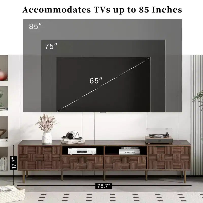 Meuble TV Mid-century avec 2 tiroirs, Table console multimédia pour TV jusqu'à 85 pouces, Meuble de rangement avec 2 armoires, Marron foncé - HABITRIO