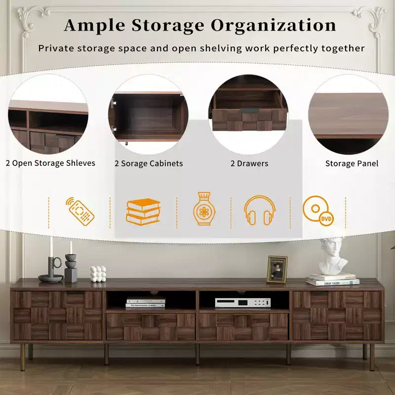 Meuble TV Mid-century avec 2 tiroirs, Table console multimédia pour TV jusqu'à 85 pouces, Meuble de rangement avec 2 armoires, Marron foncé - HABITRIO