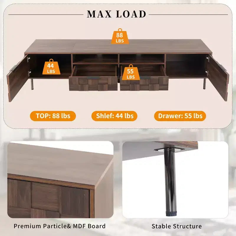 Meuble TV Mid-century avec 2 tiroirs, Table console multimédia pour TV jusqu'à 85 pouces, Meuble de rangement avec 2 armoires, Marron foncé - HABITRIO