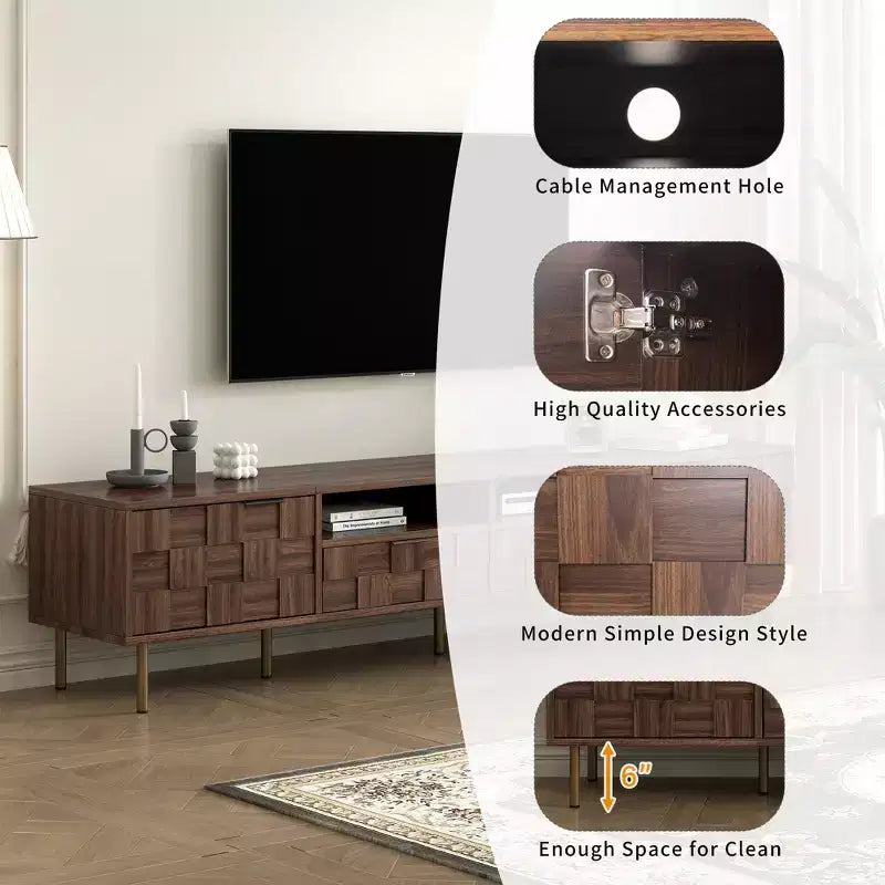 Meuble TV Mid-century avec 2 tiroirs, Table console multimédia pour TV jusqu'à 85 pouces, Meuble de rangement avec 2 armoires, Marron foncé - HABITRIO