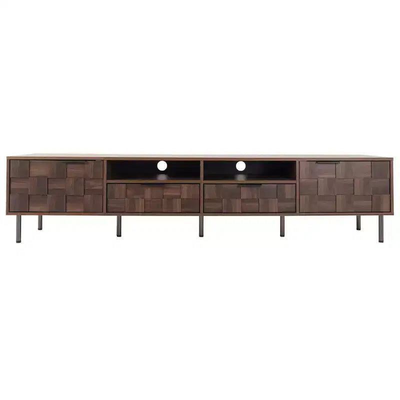 Meuble TV Mid-century avec 2 tiroirs, Table console multimédia pour TV jusqu'à 85 pouces, Meuble de rangement avec 2 armoires, Marron foncé - HABITRIO