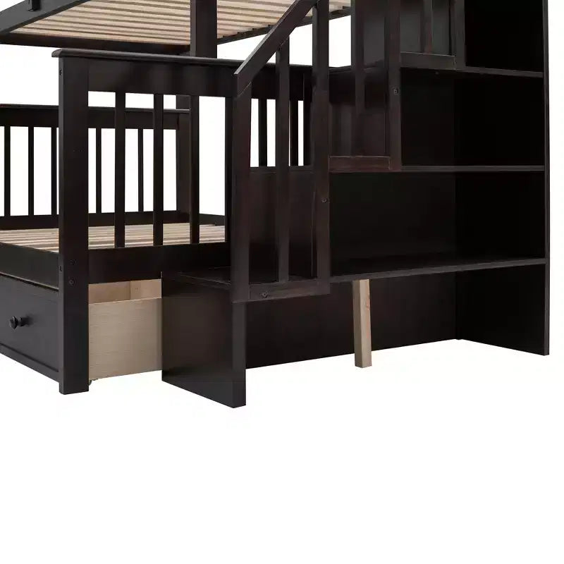 Lit superposé jumeau sur grand avec escalier, tiroir, rangement et barrière de sécurité