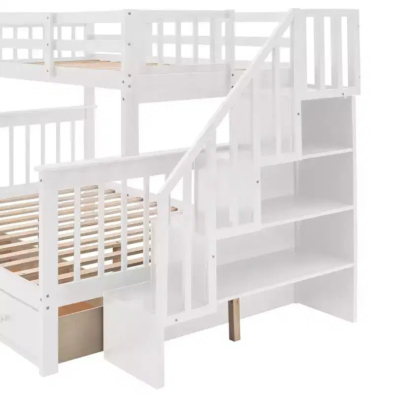 Lit superposé jumeau sur grand avec escalier, tiroir, rangement et barrière de sécurité