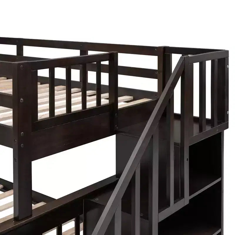 Lit superposé jumeau sur grand avec escalier, tiroir, rangement et barrière de sécurité