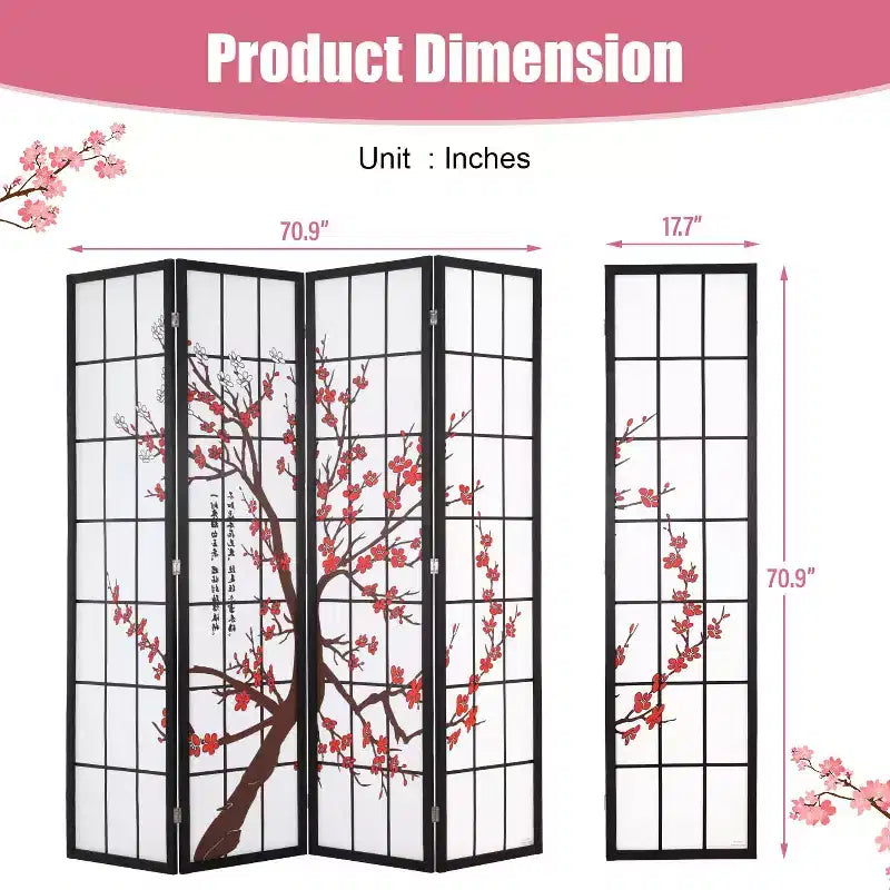 Élégant paravent pliable 4 panneaux 1,8 m – Séparateur de pièce pliable avec cadre en bois massif et panneaux Shoji