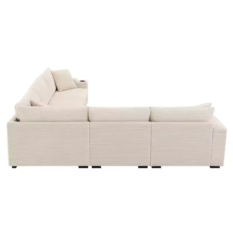 Canapé d'angle en velours côtelé convertible en forme de L avec accoudoirs de rangement et porte-gobelets 106