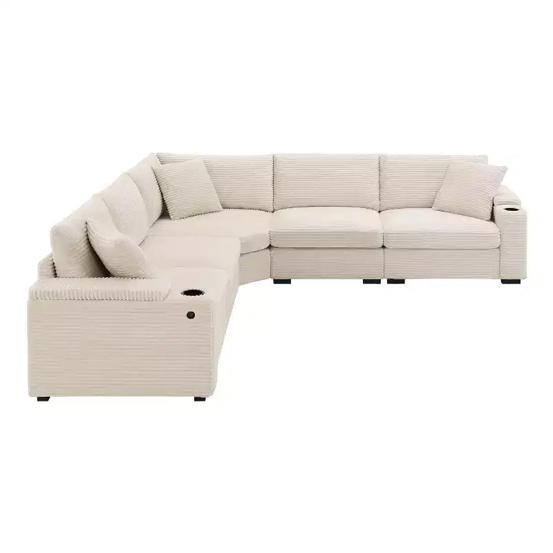 Canapé d'angle en velours côtelé convertible en forme de L avec accoudoirs de rangement et porte-gobelets 106