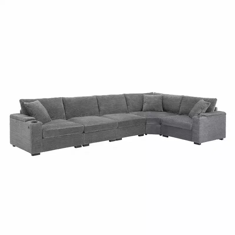 Canapé d'angle en velours côtelé convertible en forme de L avec accoudoirs de rangement et porte-gobelets 106