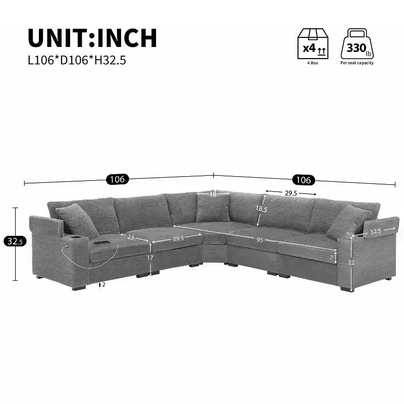 Canapé d'angle en velours côtelé convertible en forme de L avec accoudoirs de rangement et porte-gobelets 106