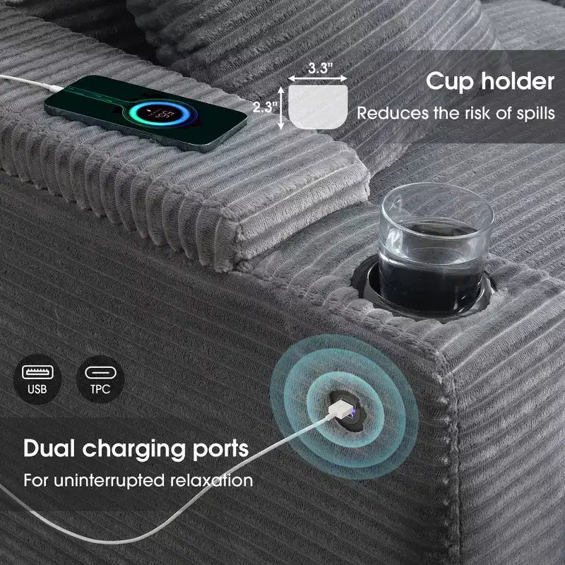 Canapé d'angle en velours côtelé convertible en forme de L avec accoudoirs de rangement et porte-gobelets 106