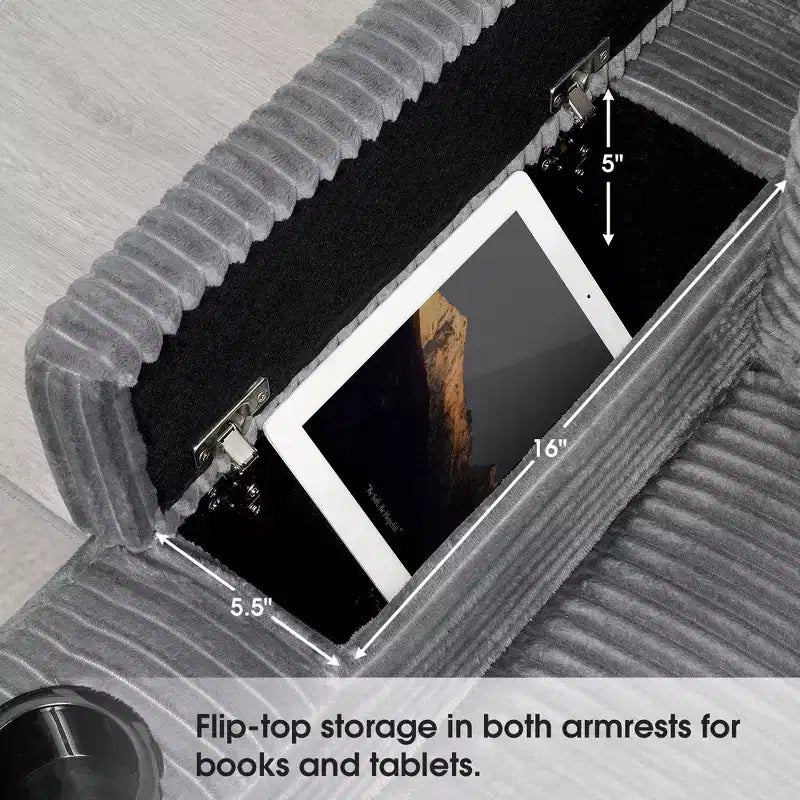 Canapé d'angle en velours côtelé convertible en forme de L avec accoudoirs de rangement et porte-gobelets 106