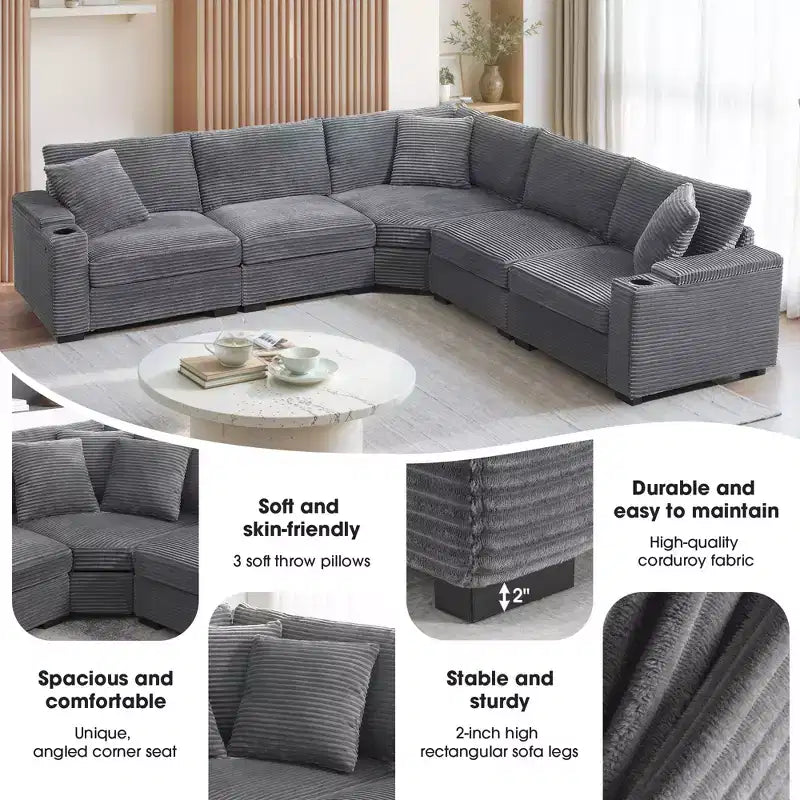 Canapé d'angle en velours côtelé convertible en forme de L avec accoudoirs de rangement et porte-gobelets 106