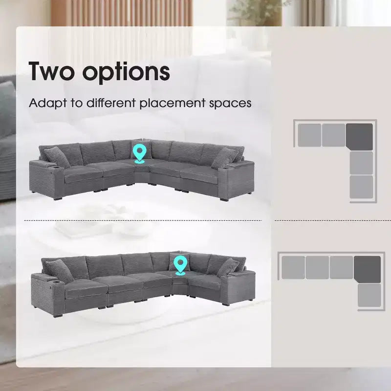 Canapé d'angle en velours côtelé convertible en forme de L avec accoudoirs de rangement et porte-gobelets 106