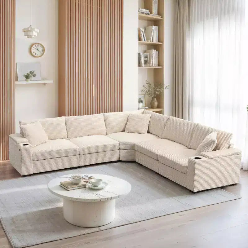 Canapé d'angle en velours côtelé convertible en forme de L avec accoudoirs de rangement et porte-gobelets 106
