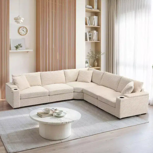 Canapé d'angle en velours côtelé convertible en forme de L avec accoudoirs de rangement et porte-gobelets 106