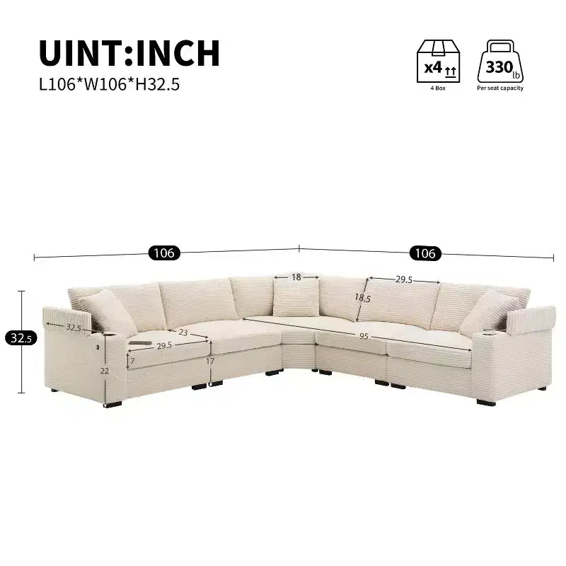 Canapé d'angle en velours côtelé convertible en forme de L avec accoudoirs de rangement et porte-gobelets 106