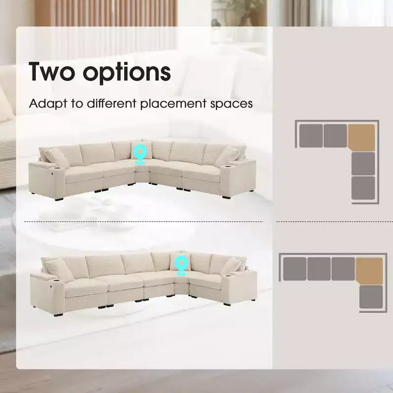 Canapé d'angle en velours côtelé convertible en forme de L avec accoudoirs de rangement et porte-gobelets 106
