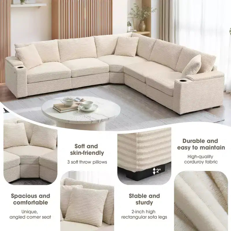 Canapé d'angle en velours côtelé convertible en forme de L avec accoudoirs de rangement et porte-gobelets 106