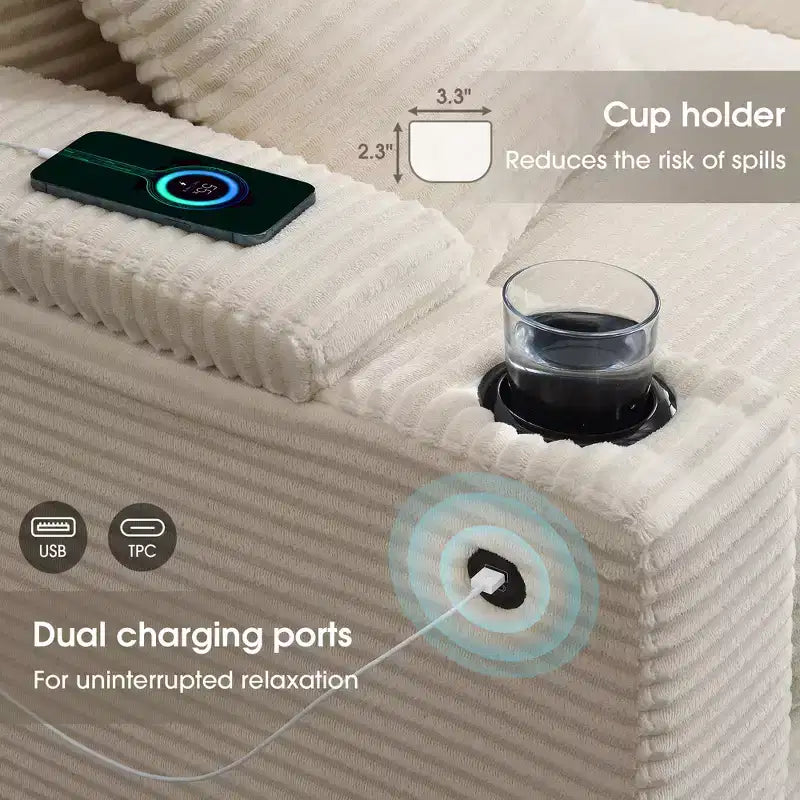 Canapé d'angle en velours côtelé convertible en forme de L avec accoudoirs de rangement et porte-gobelets 106