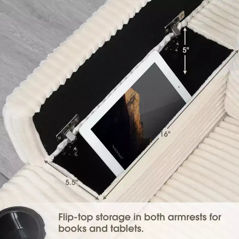 Canapé d'angle en velours côtelé convertible en forme de L avec accoudoirs de rangement et porte-gobelets 106