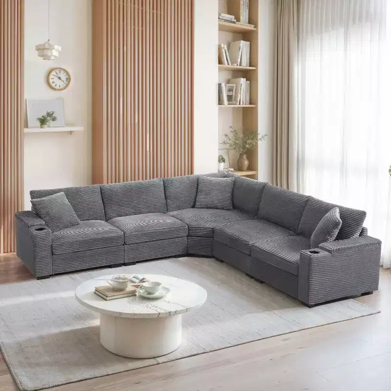 Canapé d'angle en velours côtelé convertible en forme de L avec accoudoirs de rangement et porte-gobelets 106