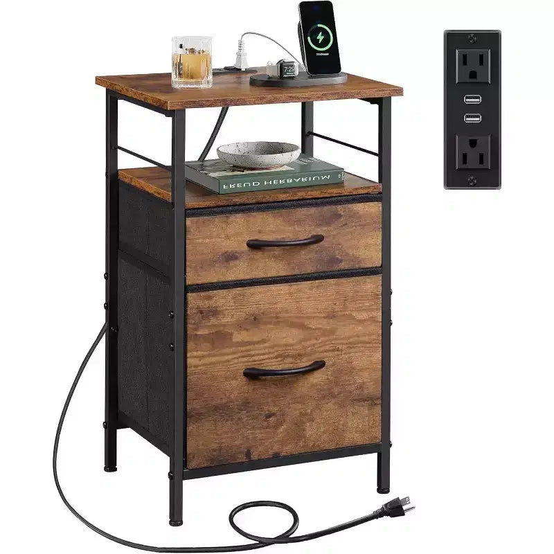 GALAXHERO Nightstand with Charging Station, End Table with 2 Fabric Drawers, Side Table for Living Room, 2 USB Ports and 2 Outlets