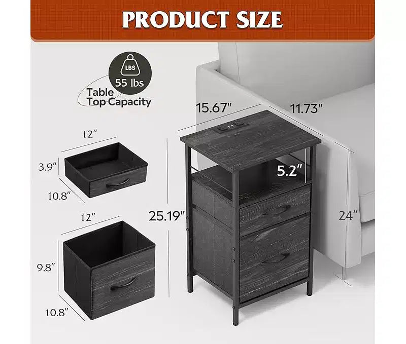Table de chevet GALAXHERO avec station de charge, Table d'appoint avec 2 tiroirs en tissu, Table de bout pour salon, 2 ports USB et 2 prises
