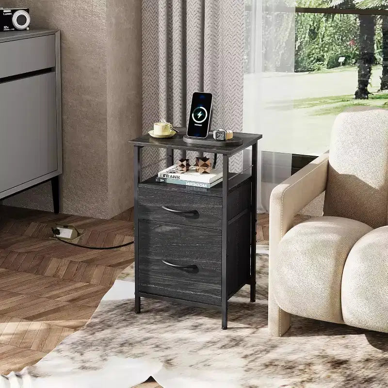 Table de chevet GALAXHERO avec station de charge, Table d'appoint avec 2 tiroirs en tissu, Table de bout pour salon, 2 ports USB et 2 prises
